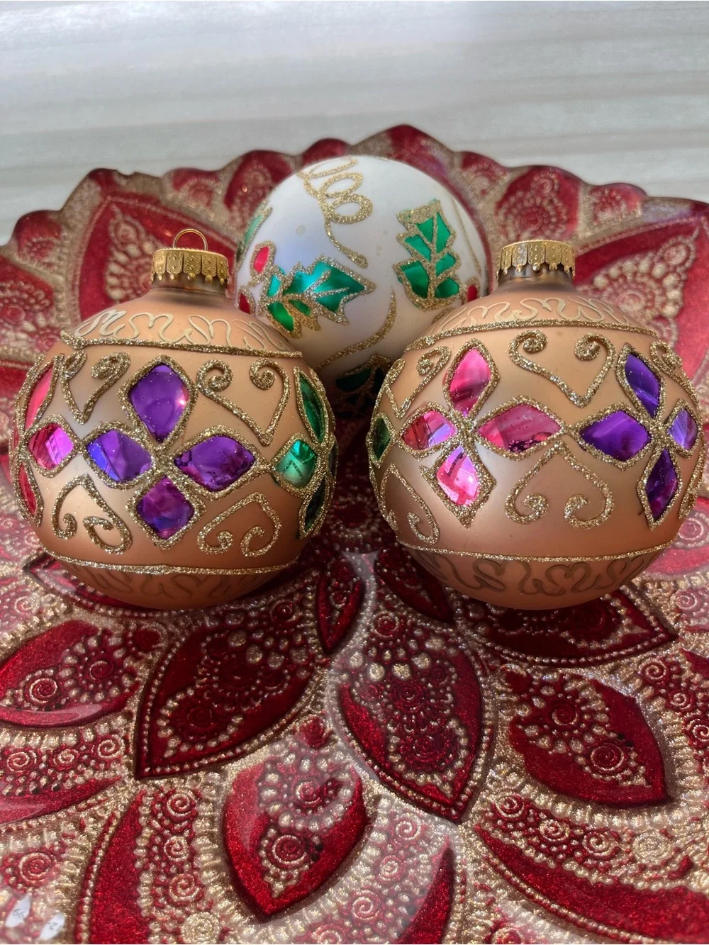 Decorative Red and Gold Glass Bowl with Embellished Ornaments